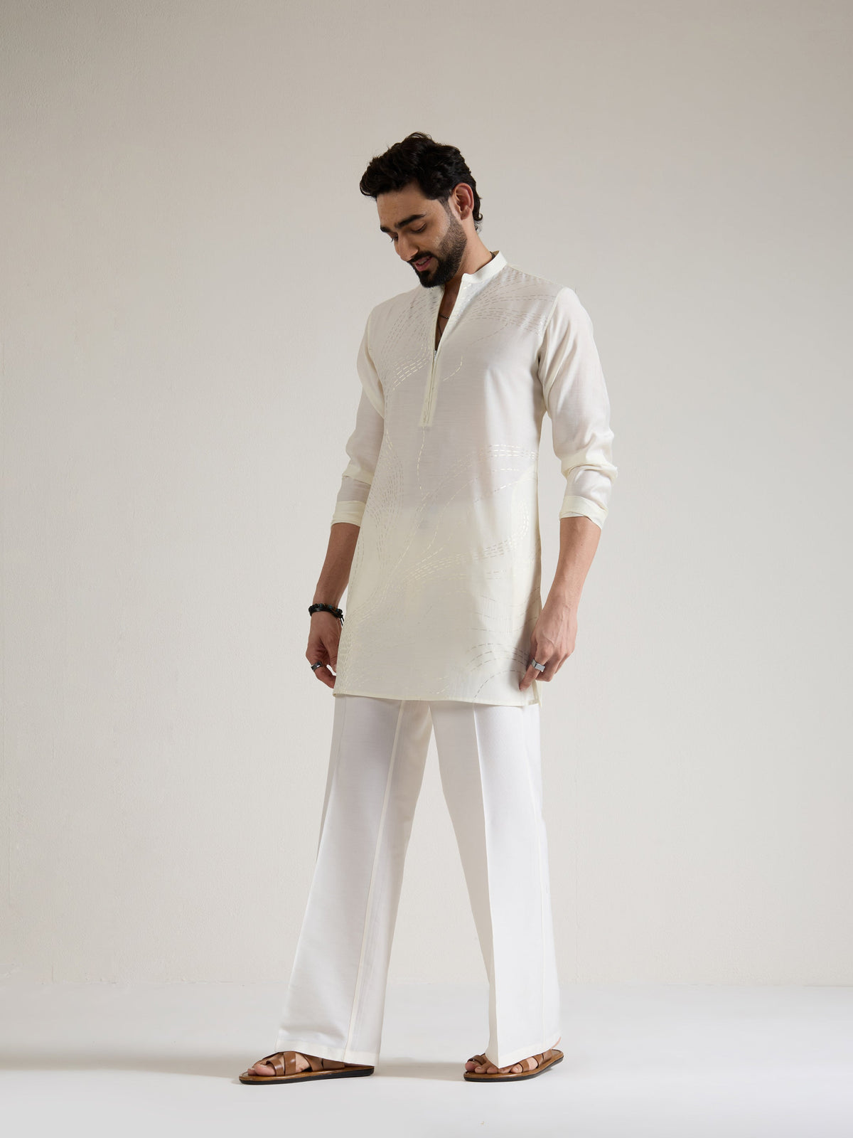 Mens White Blended Print Kurta