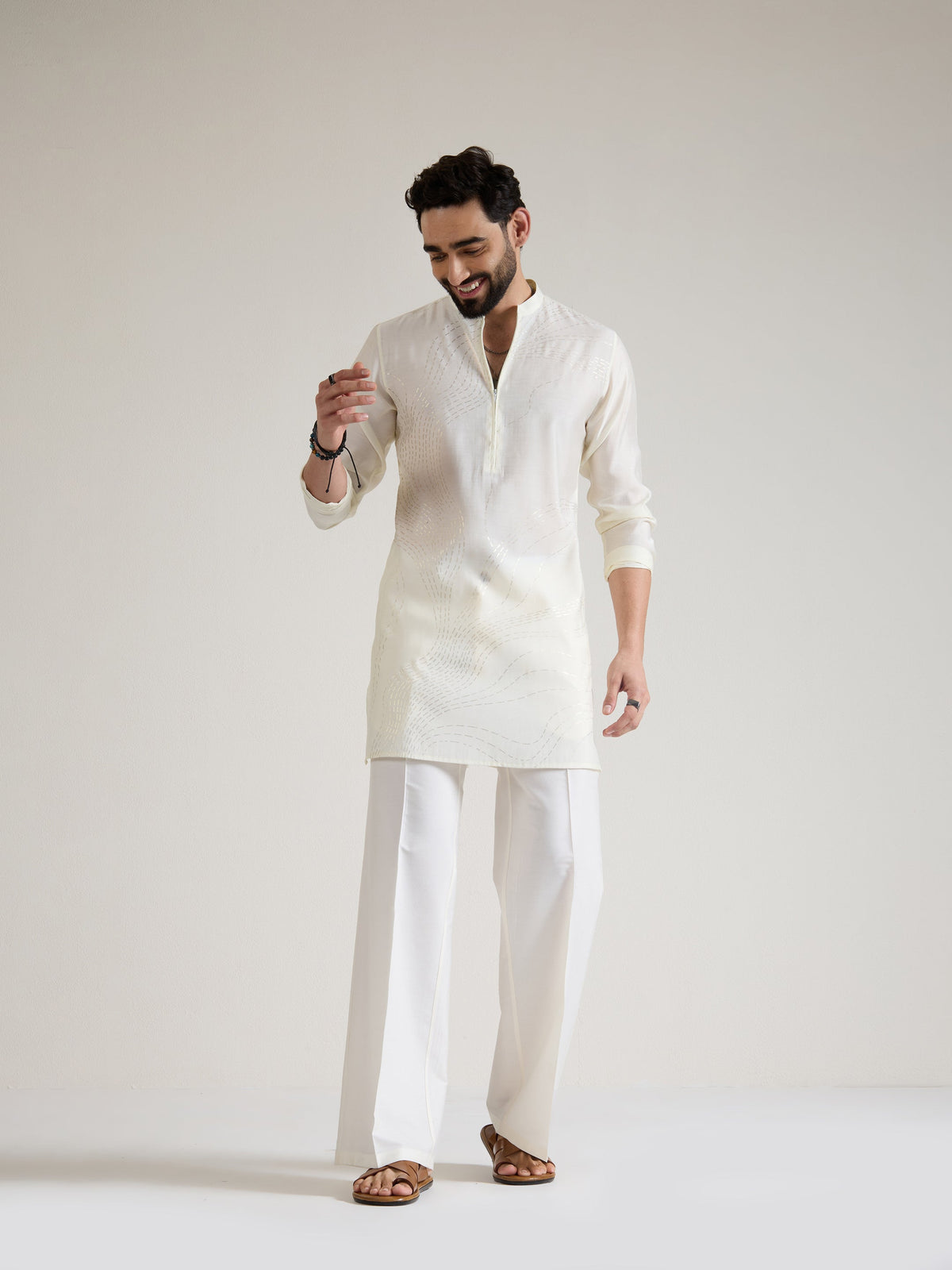Mens White Blended Print Kurta