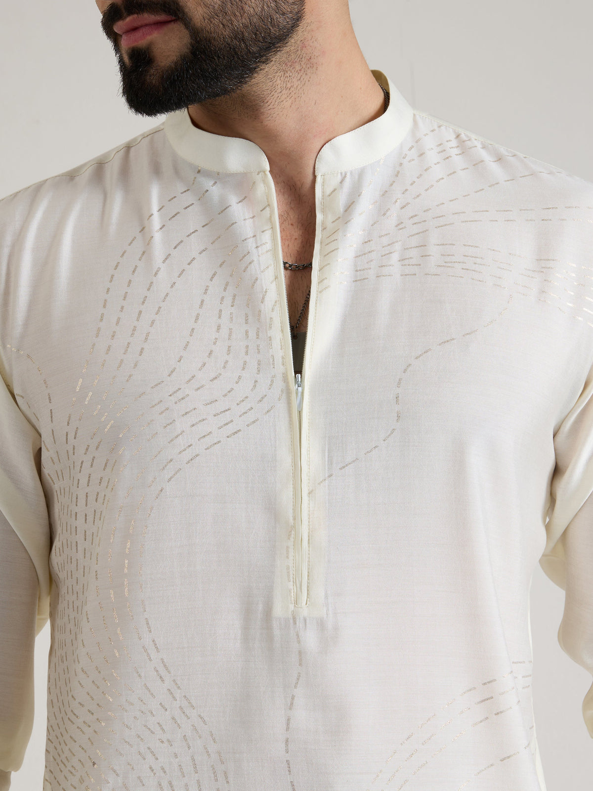 Mens White Blended Print Kurta