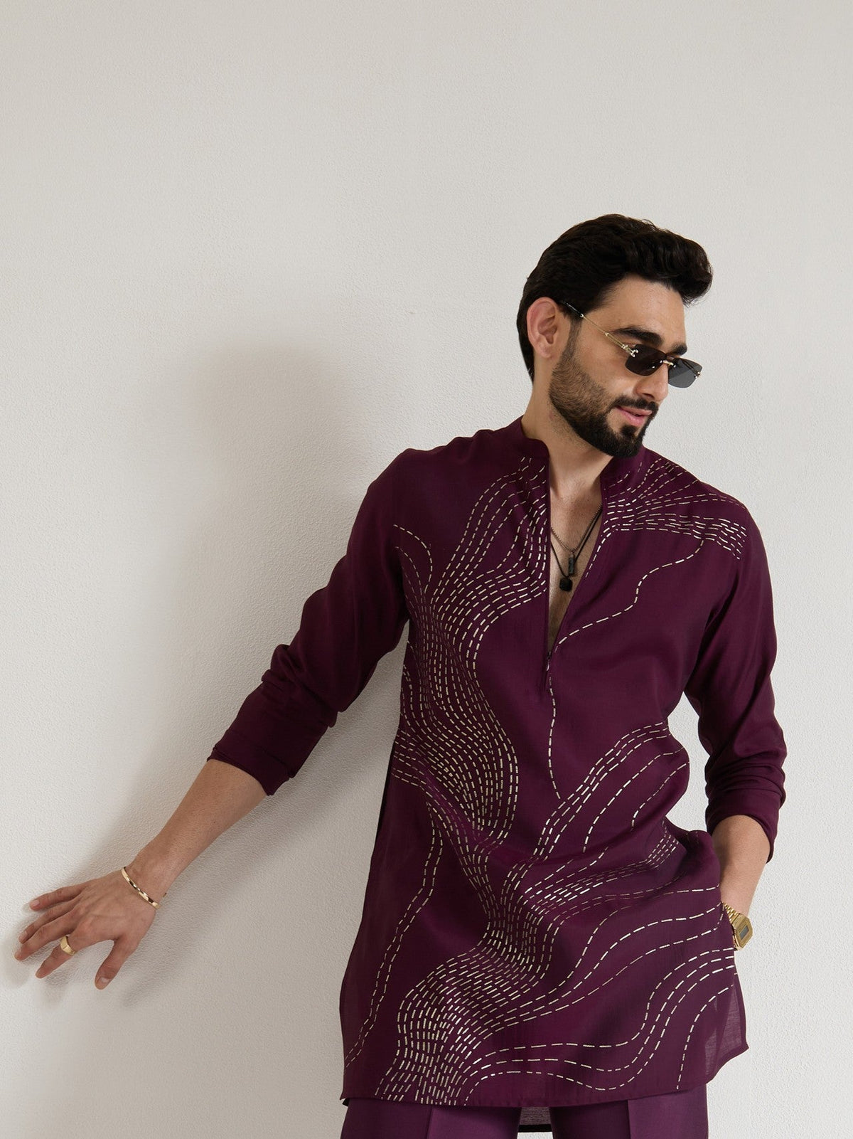 Mens Wine Blended Print Kurta