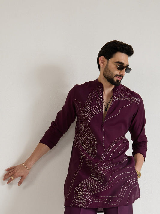 Mens Wine Blended Print Kurta