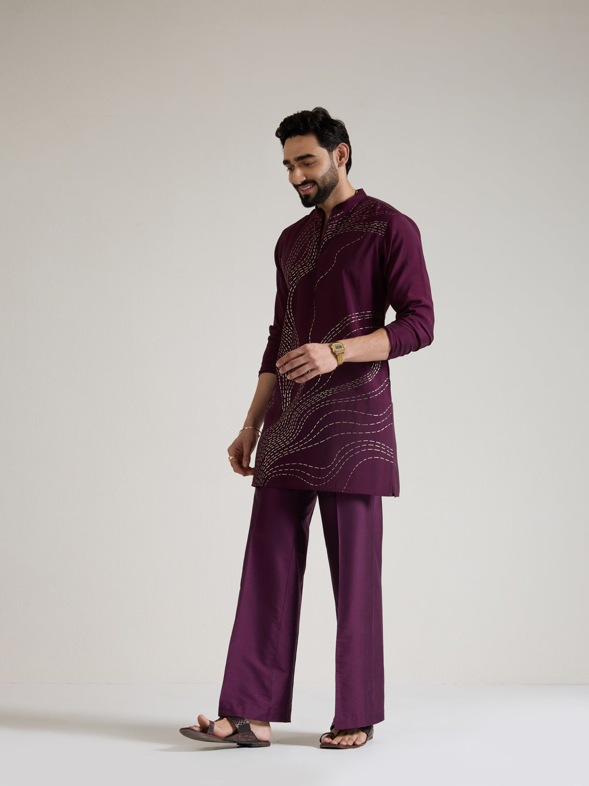 Mens Wine Blended Print Kurta