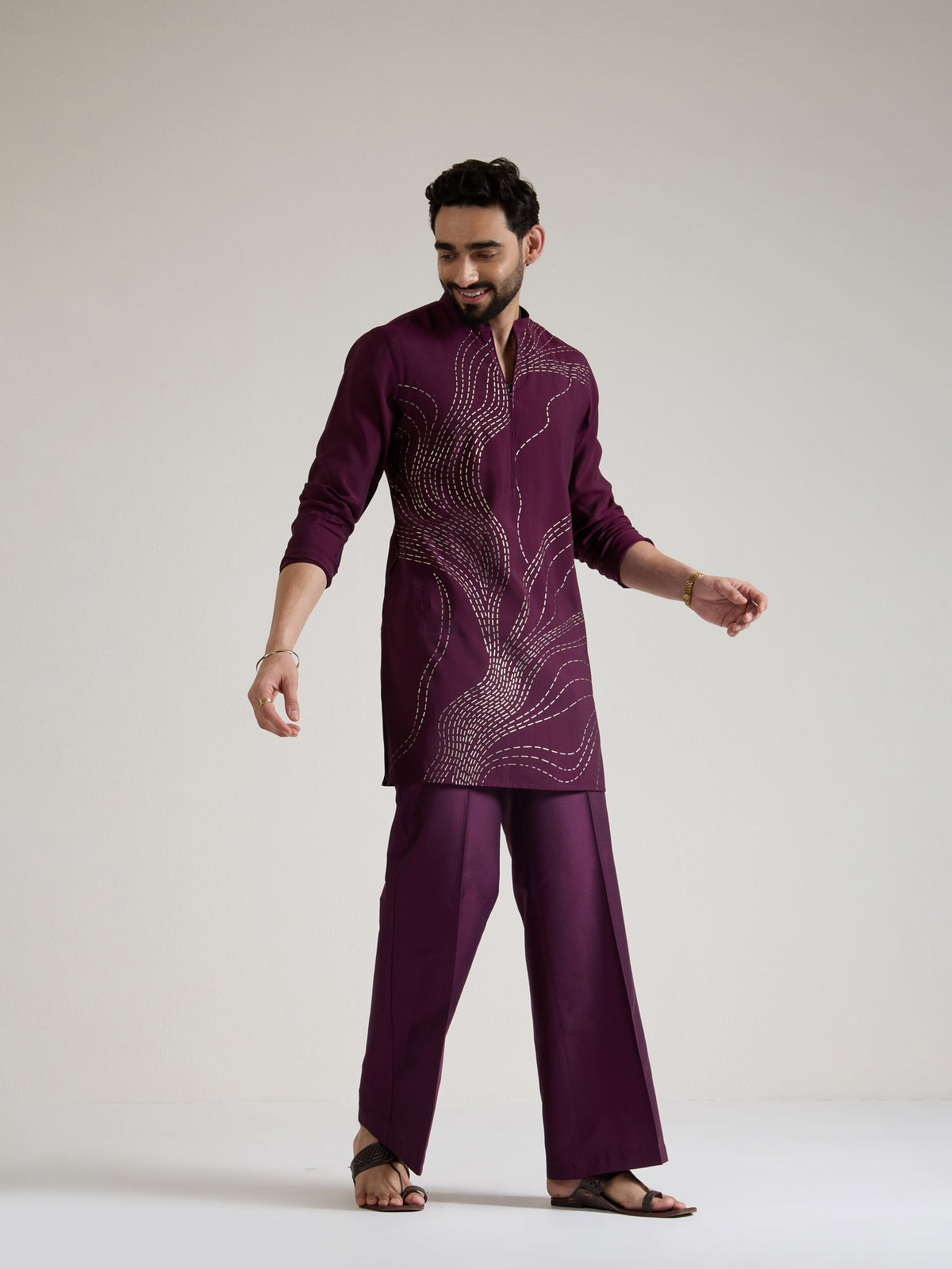 Mens Wine Blended Print Kurta