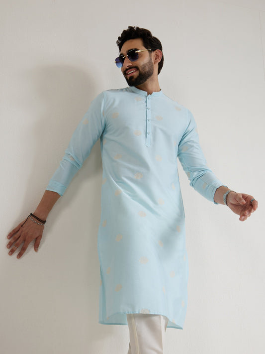 Mens Blue Blended Light  Embroidery Kurta