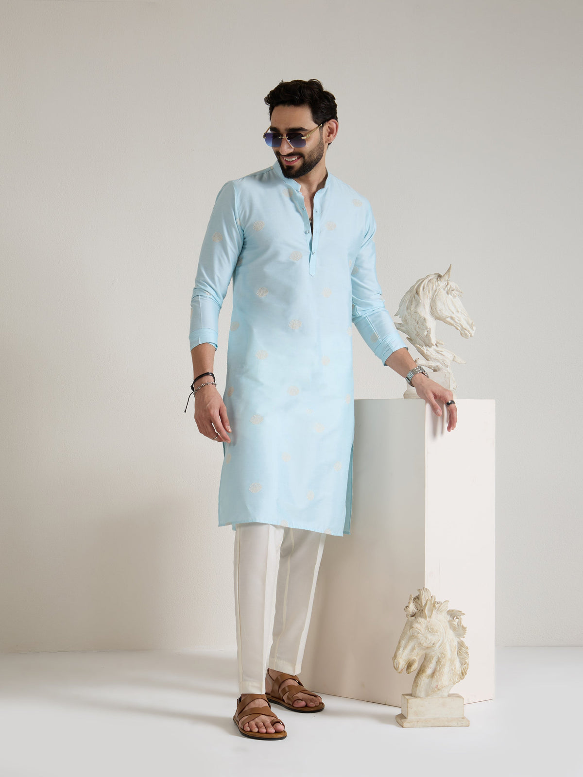 Mens Blue Blended Light  Embroidery Kurta