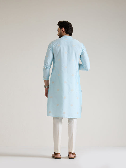 Mens Blue Blended Light  Embroidery Kurta