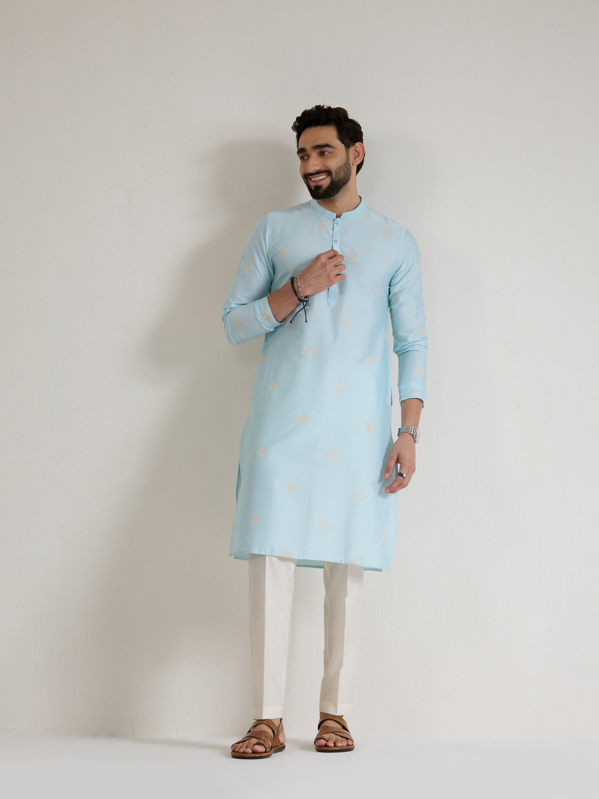 Mens Blue Blended Light  Embroidery Kurta