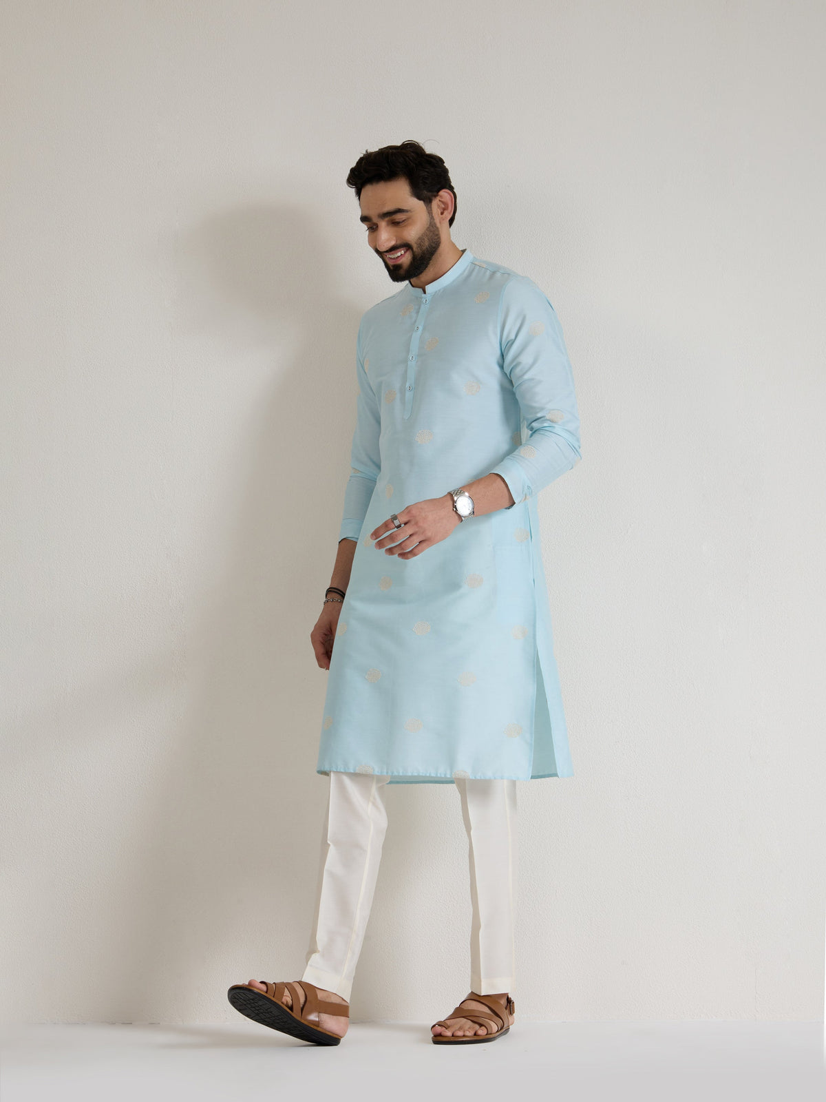 Mens Blue Blended Light  Embroidery Kurta