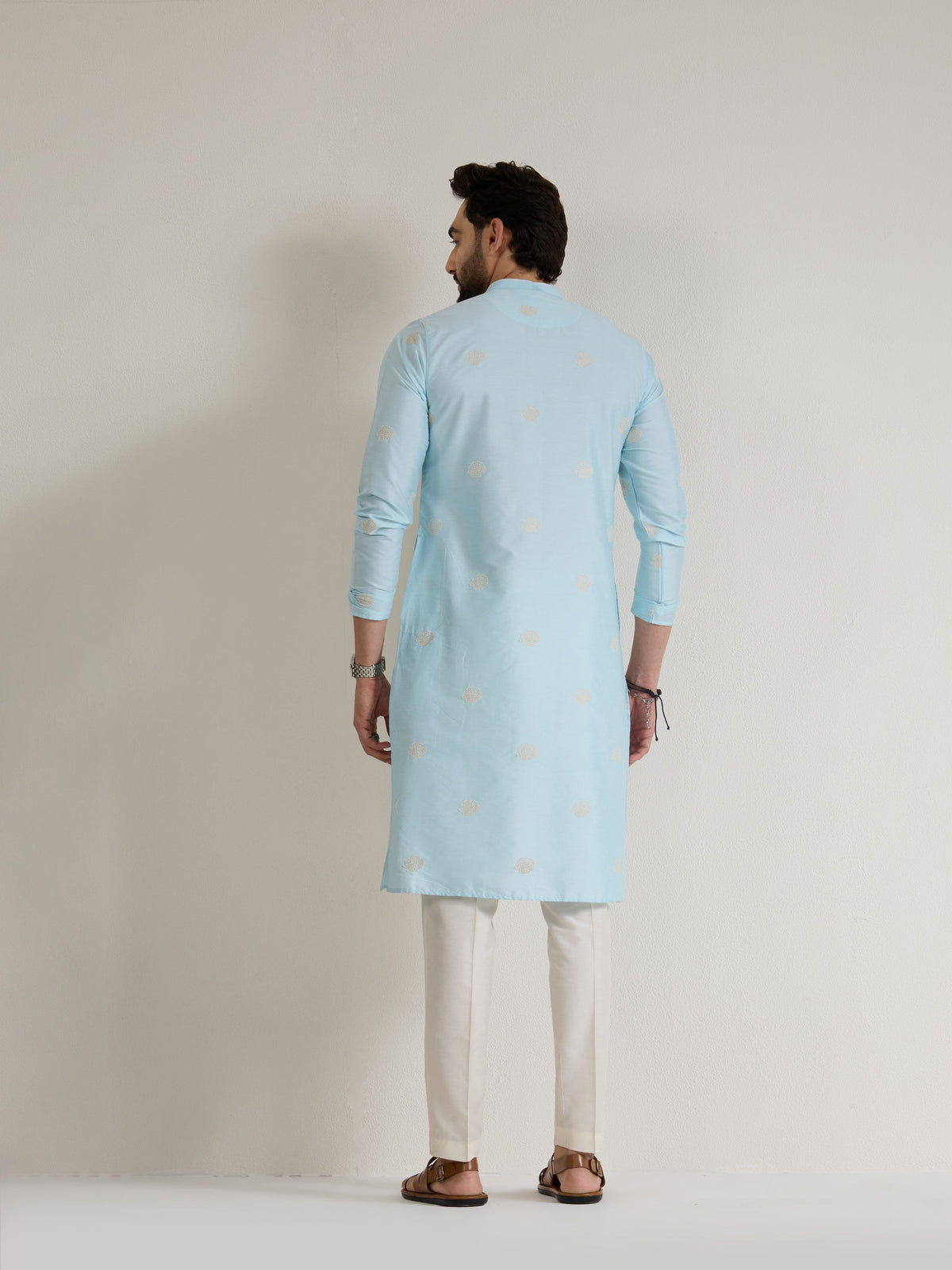Mens Blue Blended Light  Embroidery Kurta