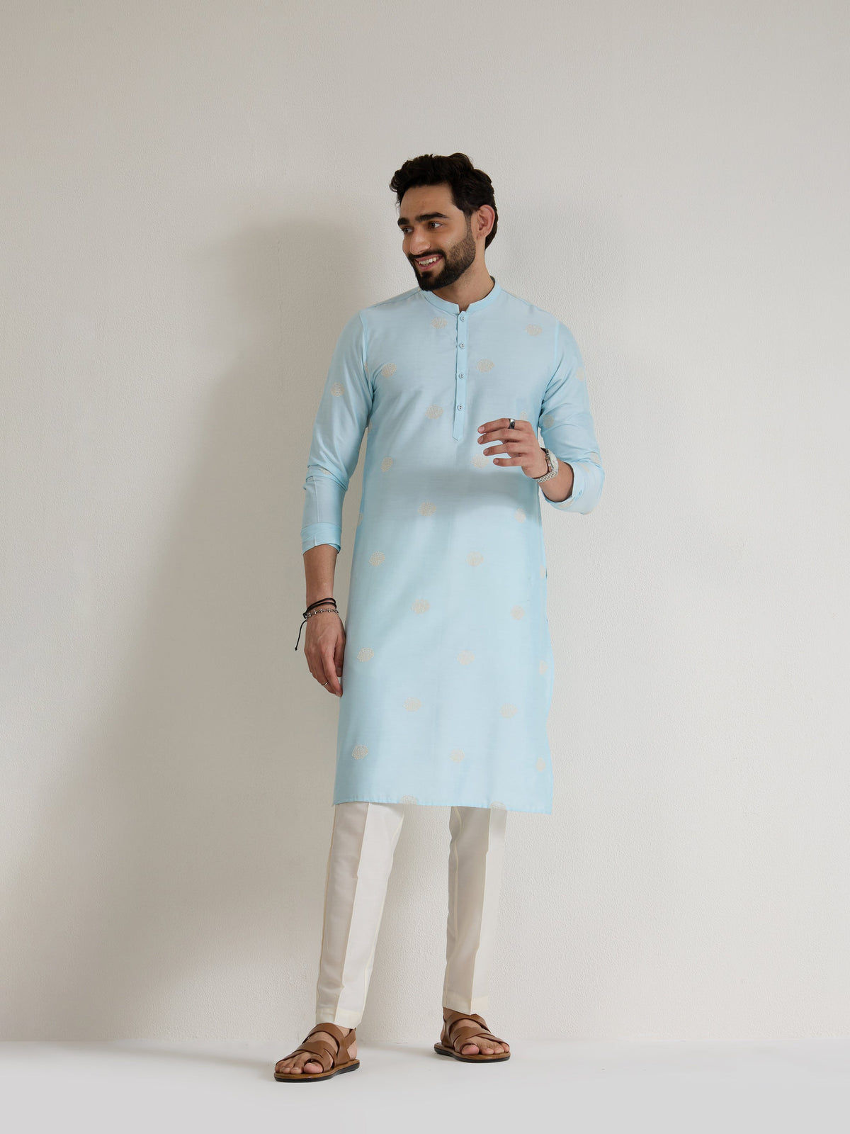 Mens Blue Blended Light  Embroidery Kurta