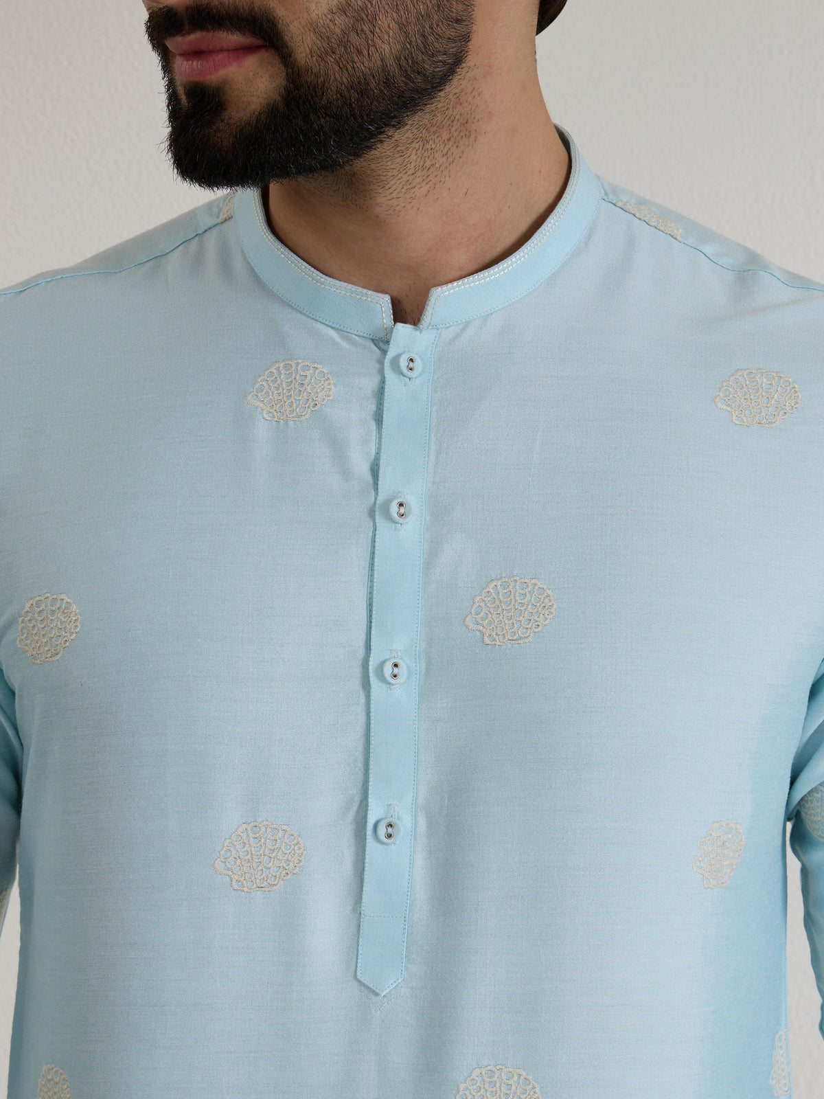 Mens Blue Blended Light  Embroidery Kurta