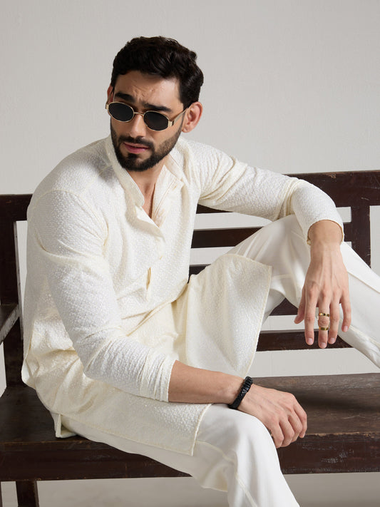 Mens Off-White Rayon Embroidery Kurta