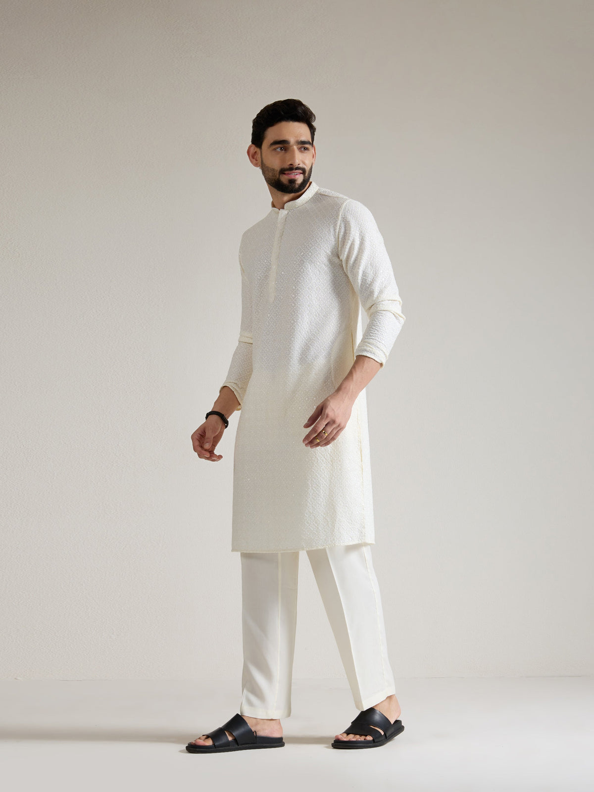 Mens Off-White Rayon Embroidery Kurta