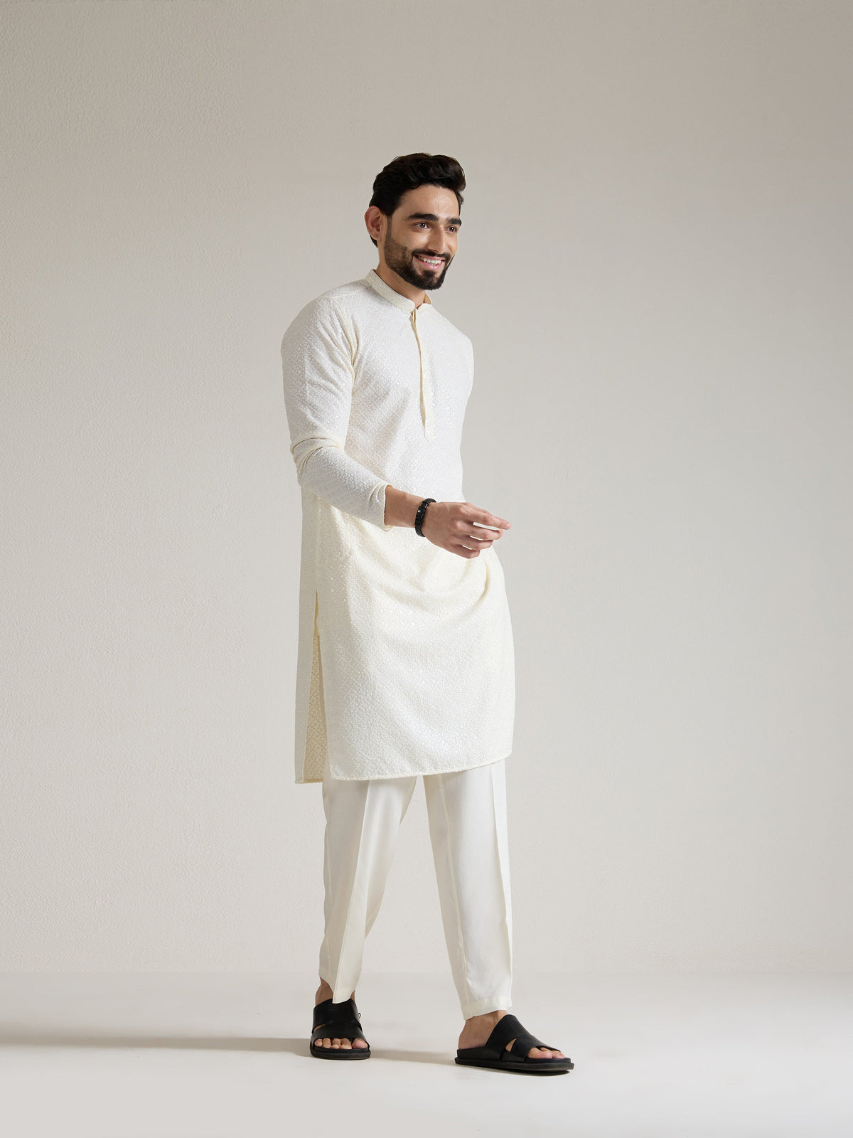 Mens Off-White Rayon Embroidery Kurta