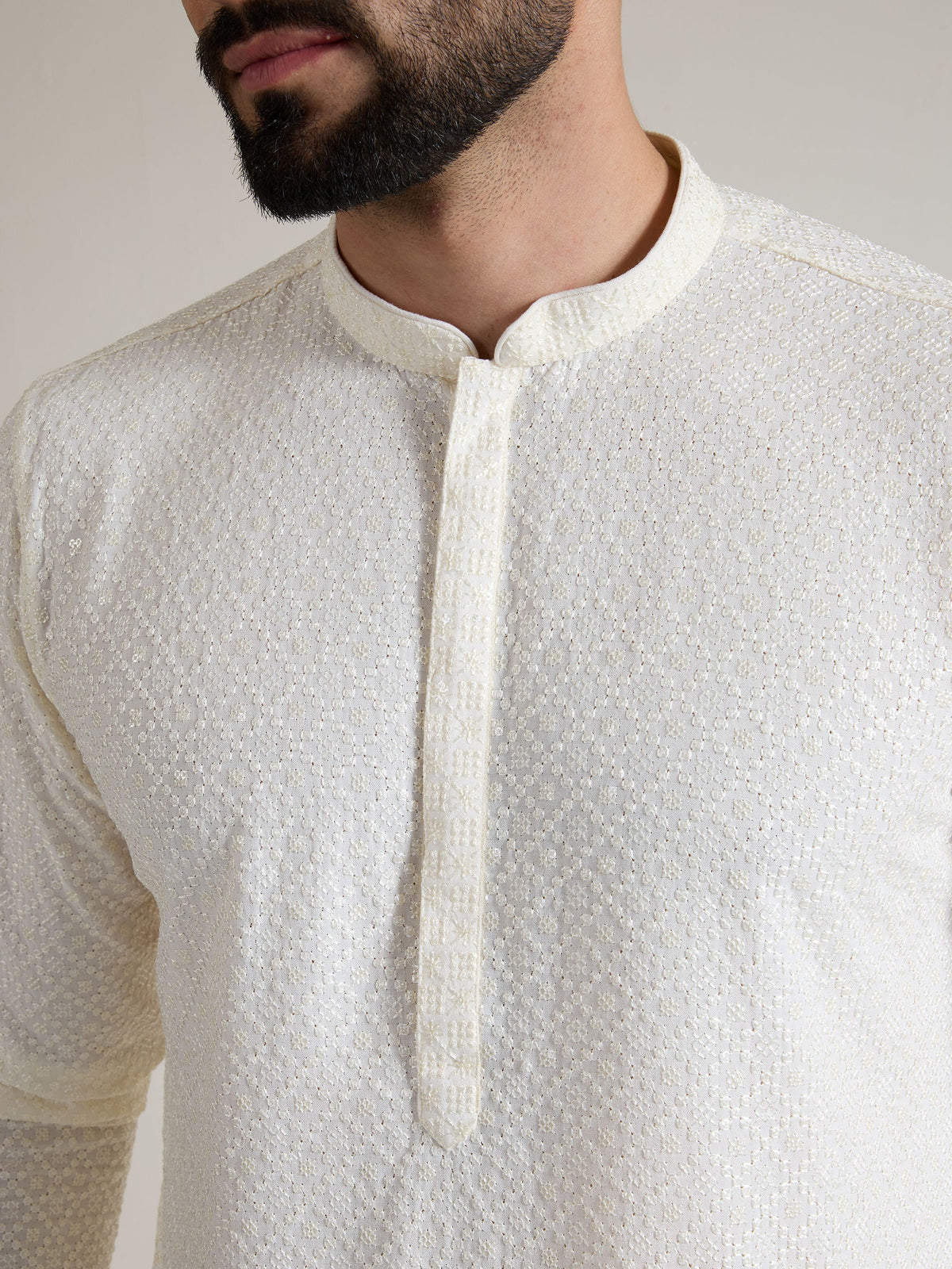 Mens Off-White Rayon Embroidery Kurta