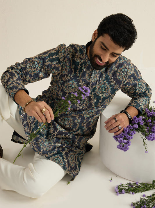 Mens Blue Blended Print Kurta