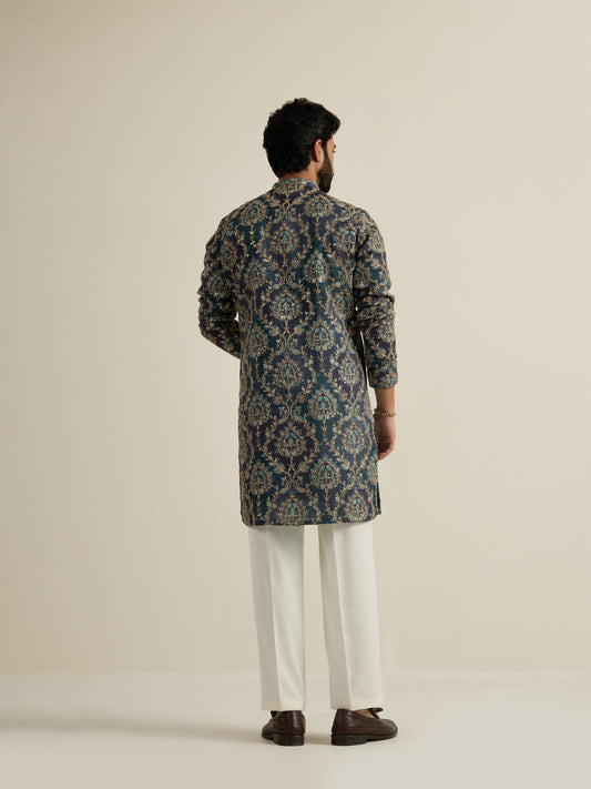 Mens Blue Blended Print Kurta