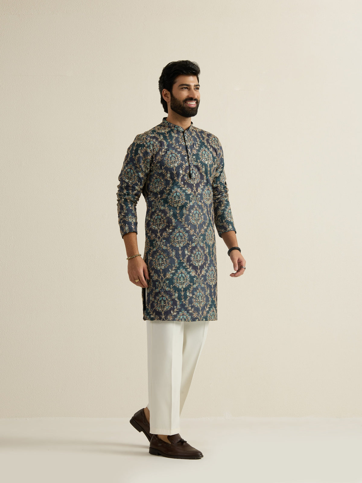 Mens Blue Blended Print Kurta