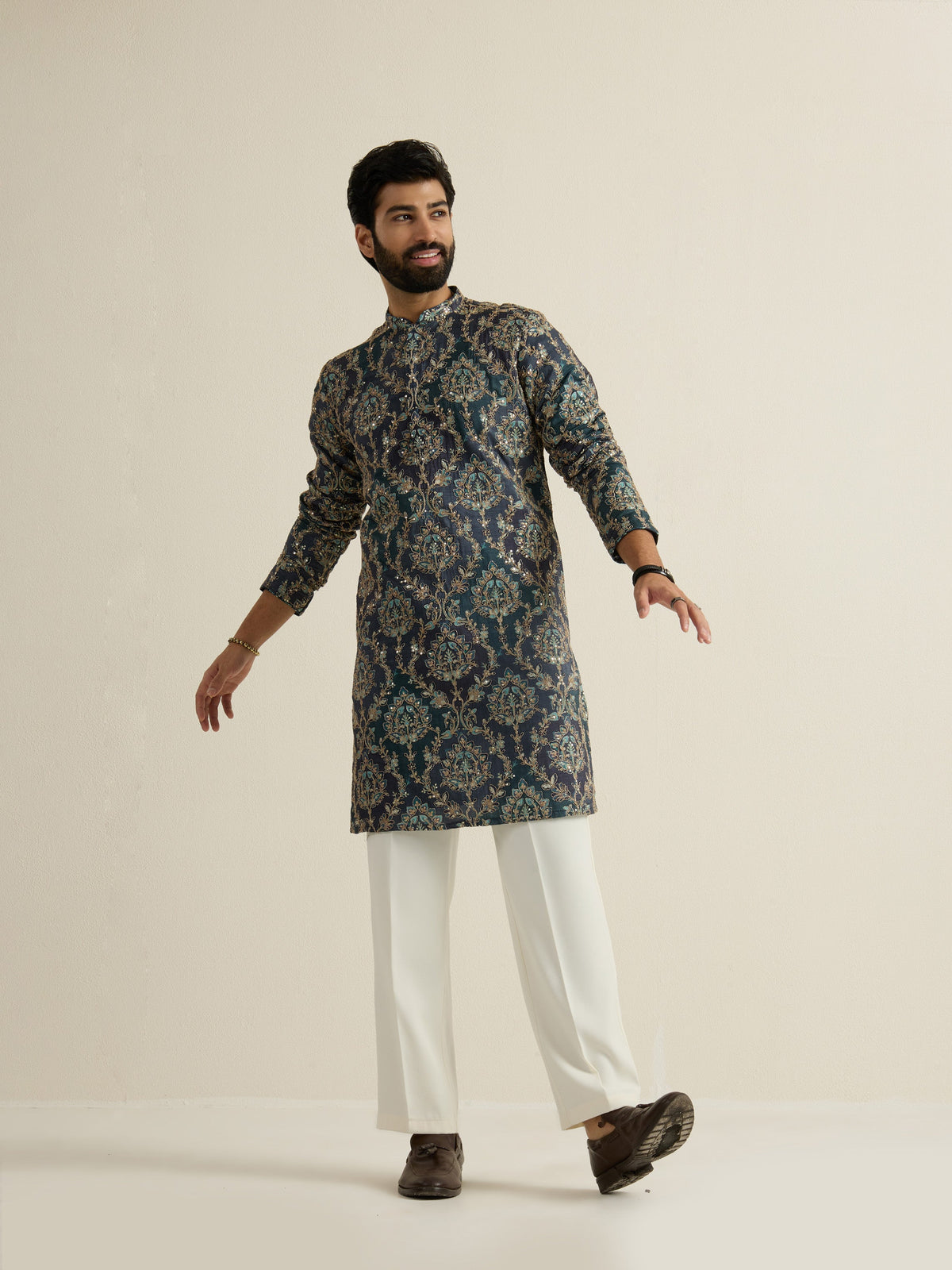 Mens Blue Blended Print Kurta