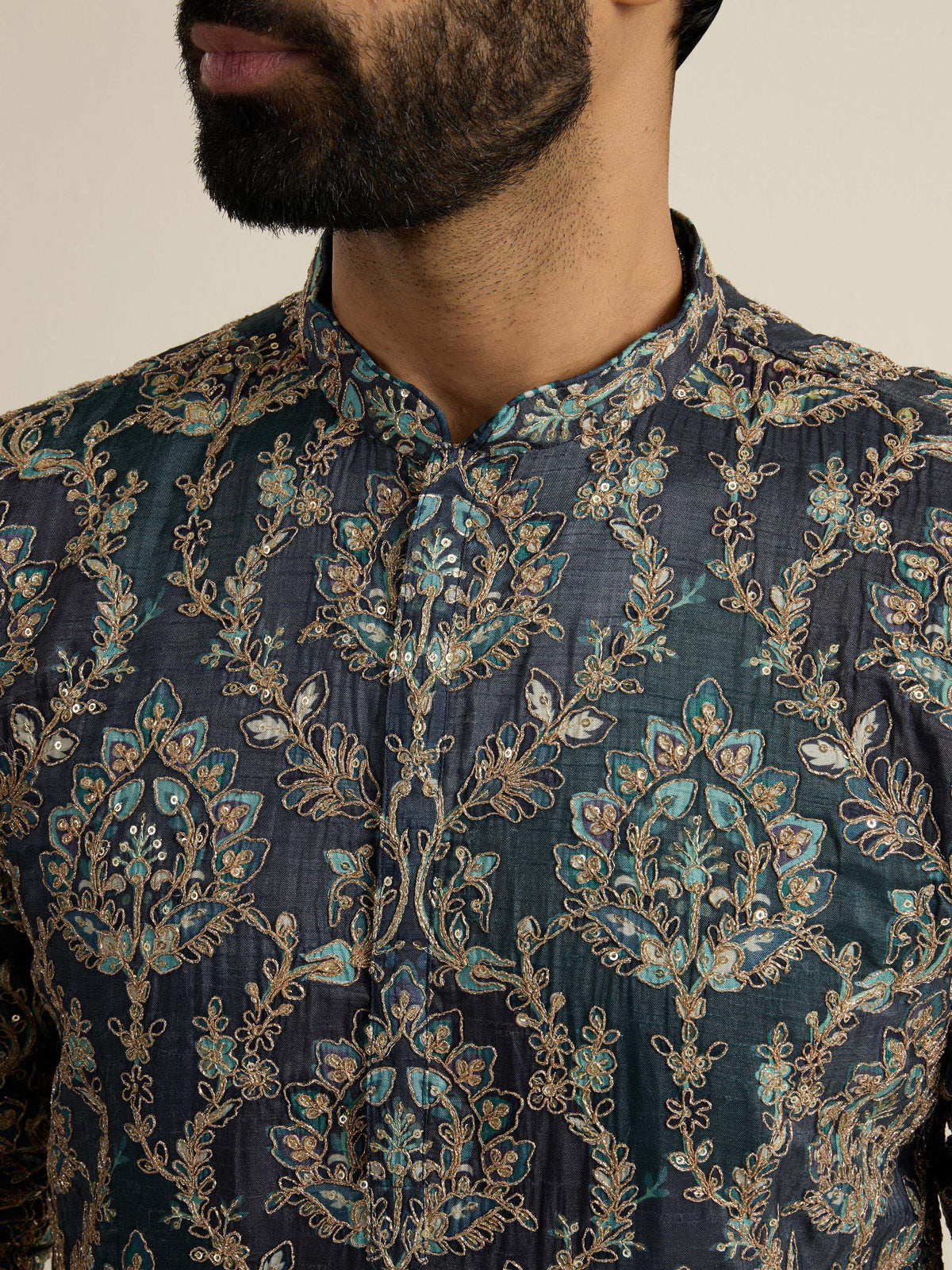 Mens Blue Blended Print Kurta