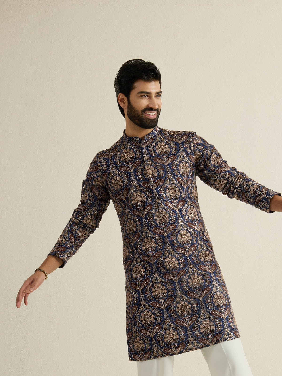 Mens Blue Blended Print Kurta