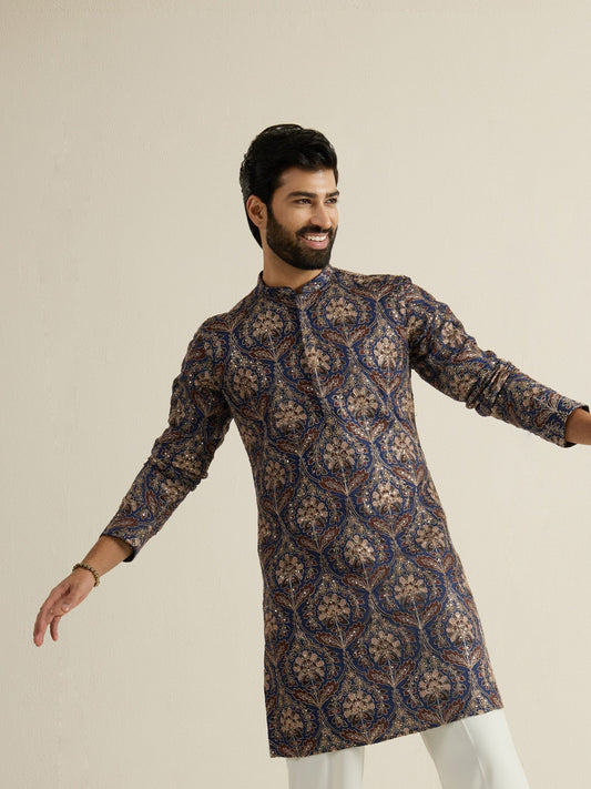 Mens Blue Blended Print Kurta
