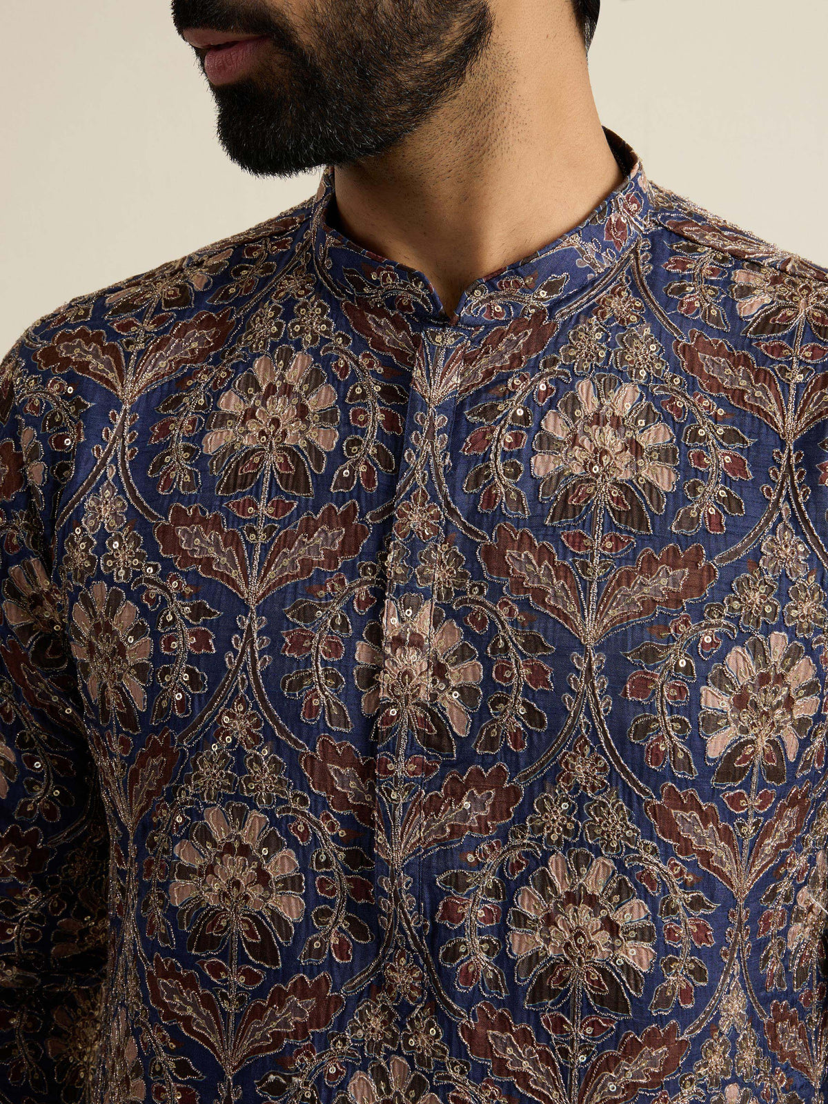 Mens Blue Blended Print Kurta