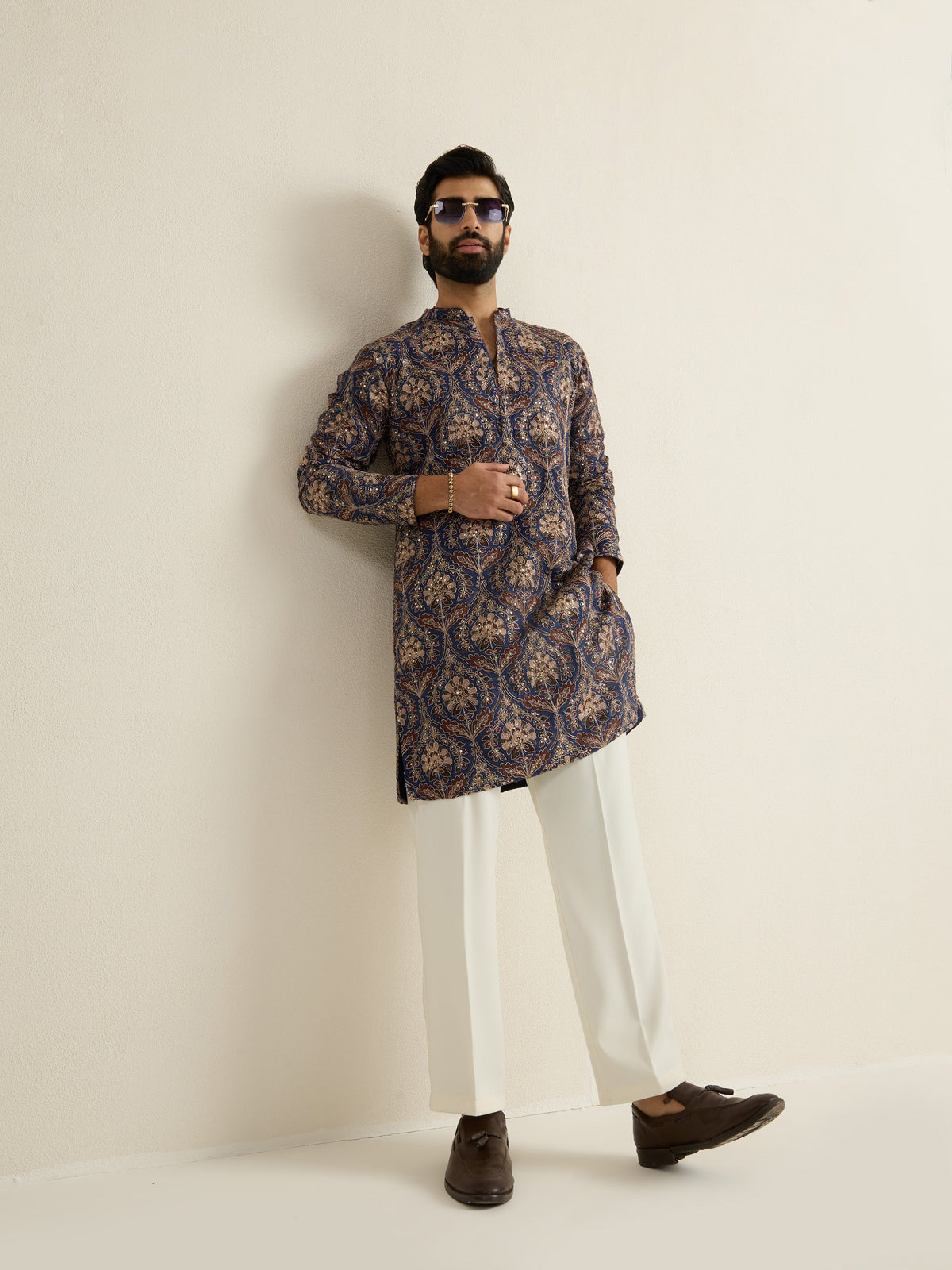 Mens Blue Blended Print Kurta