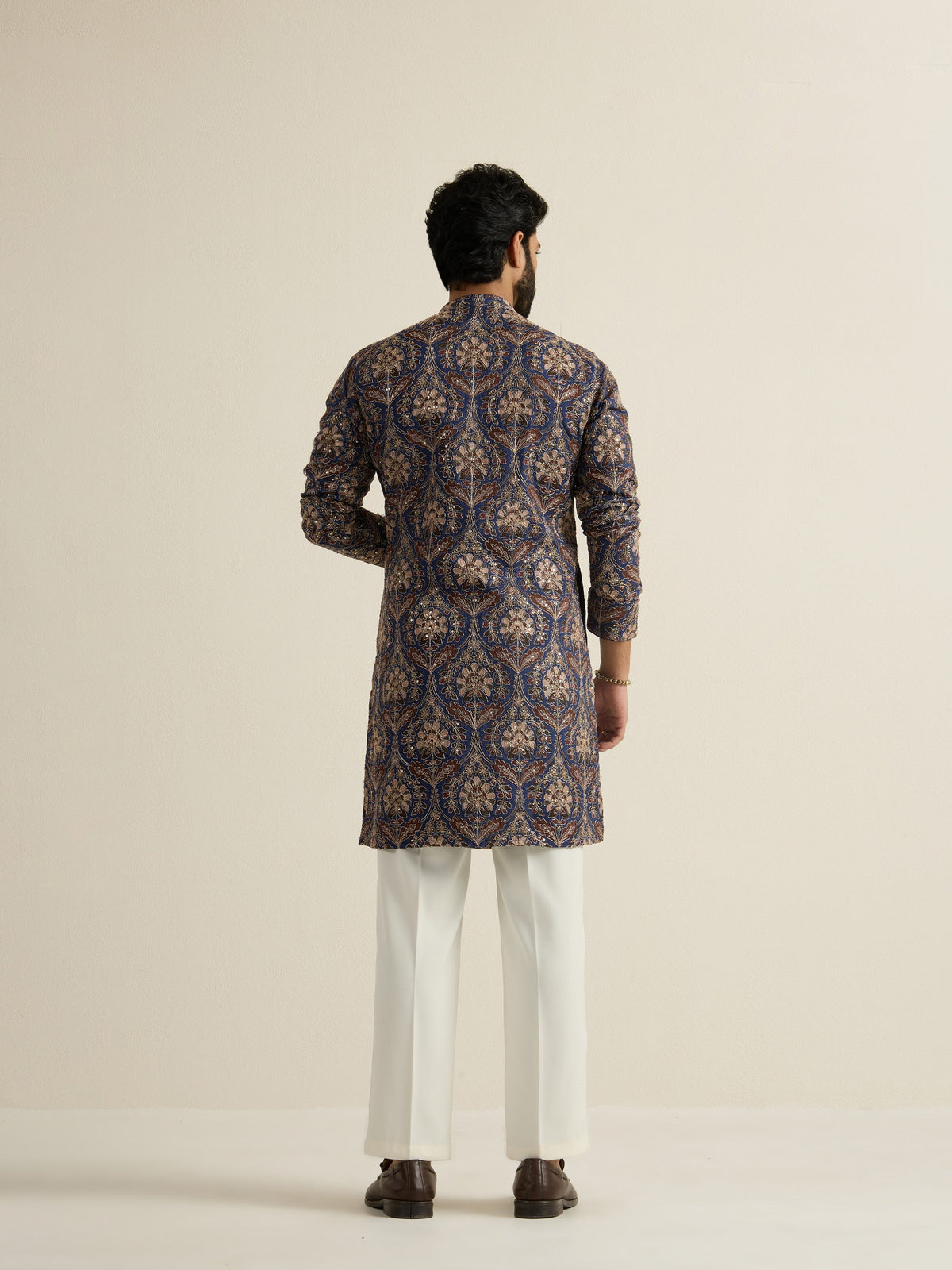 Mens Blue Blended Print Kurta