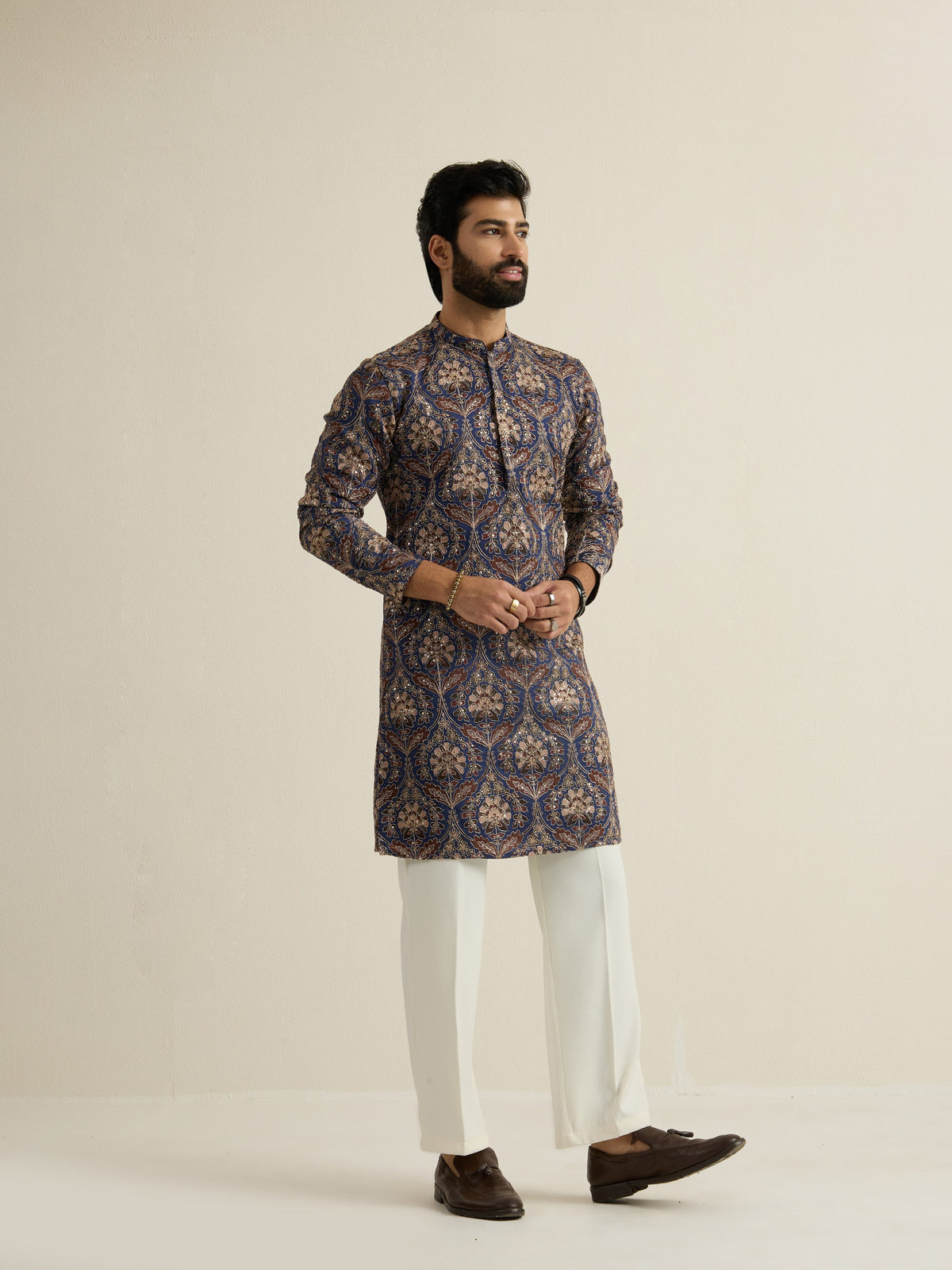 Mens Blue Blended Print Kurta