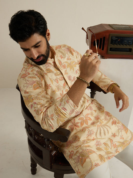 Mens Off-White Blended Print Kurta