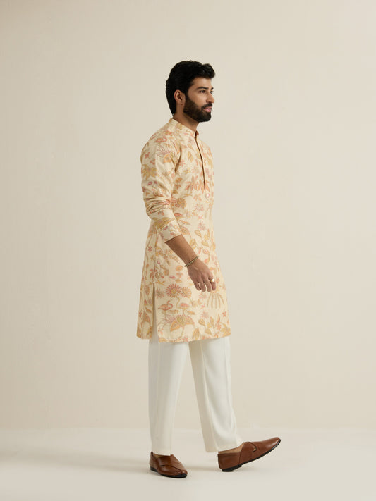 Mens Off-White Blended Print Kurta