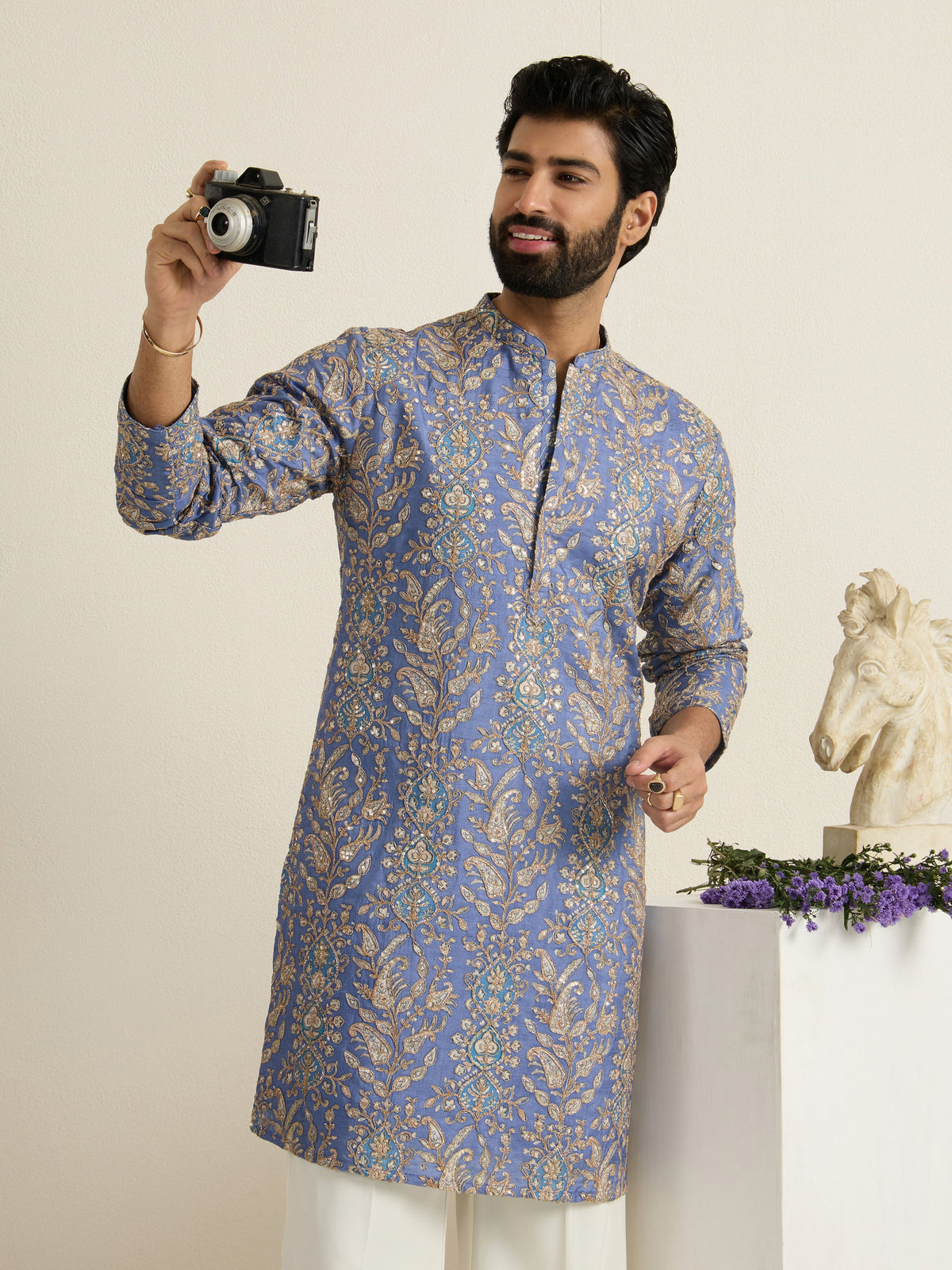 Mens Blue Blended Print Kurta