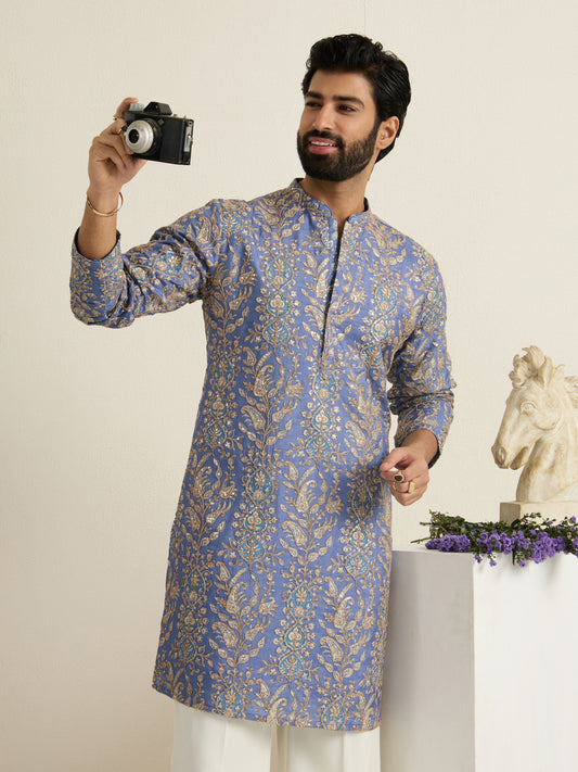 Mens Blue Blended Print Kurta