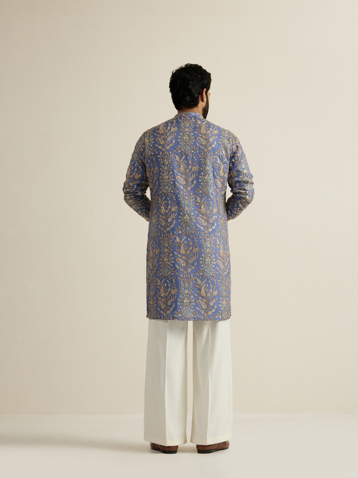 Mens Blue Blended Print Kurta