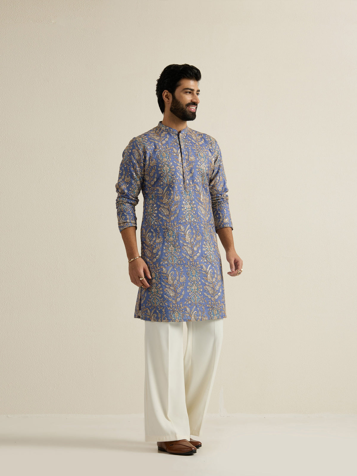 Mens Blue Blended Print Kurta