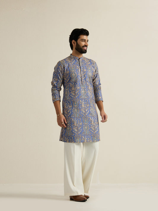 Mens Blue Blended Print Kurta