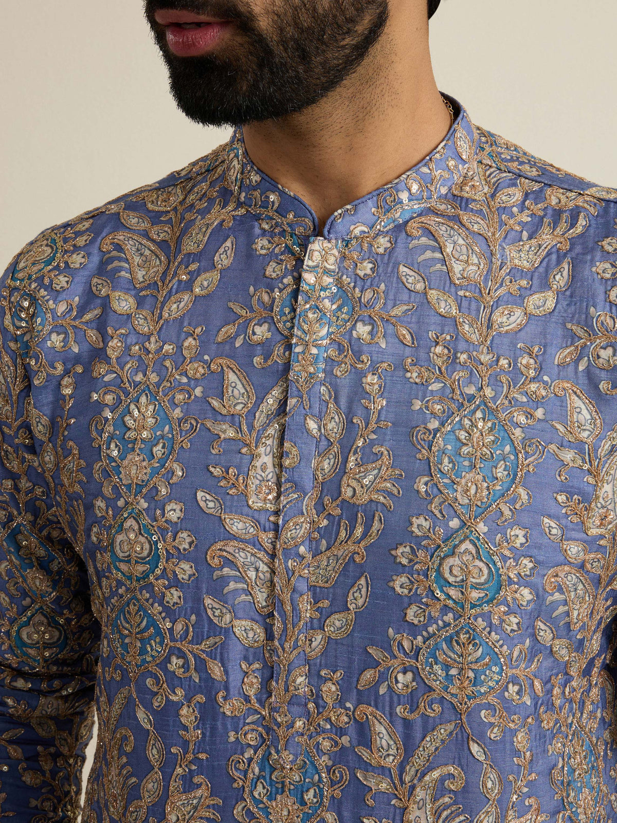 Mens Blue Blended Print Kurta