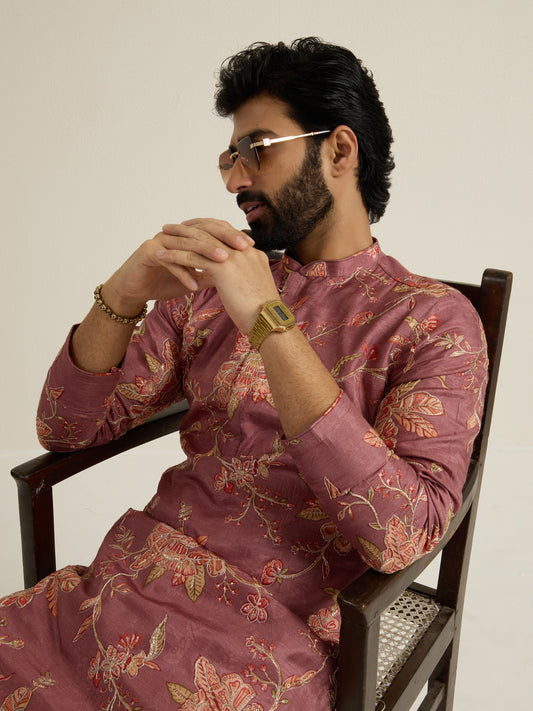 Mens Orange Blended Print Kurta