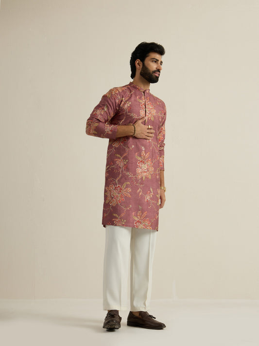Mens Orange Blended Print Kurta