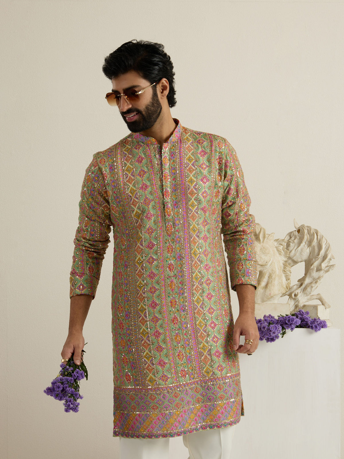 Mens Multicolor Blended Print Kurta