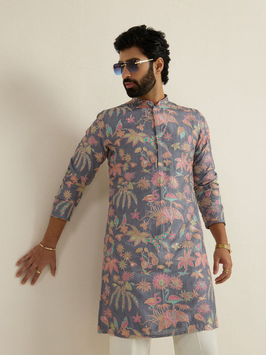 Mens Multicolor Blended Print Kurta