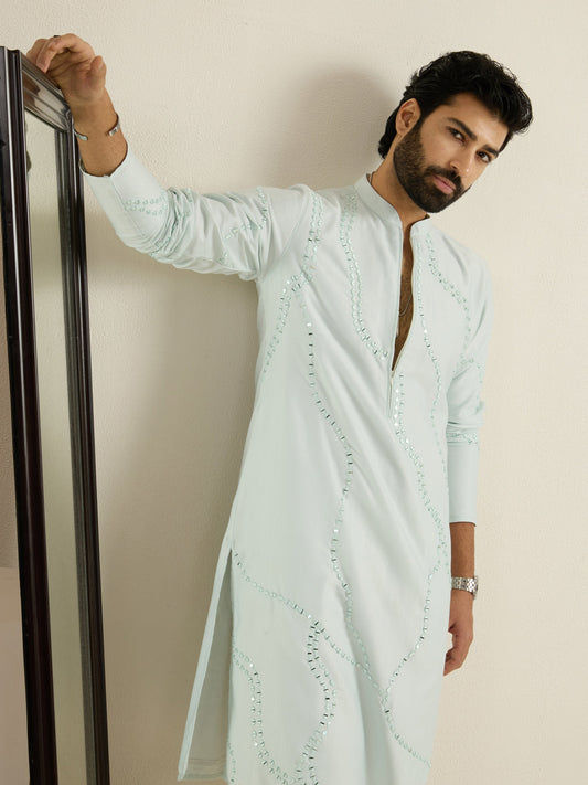 Mens Blue Blended Embroidery Kurta with Front Zipper