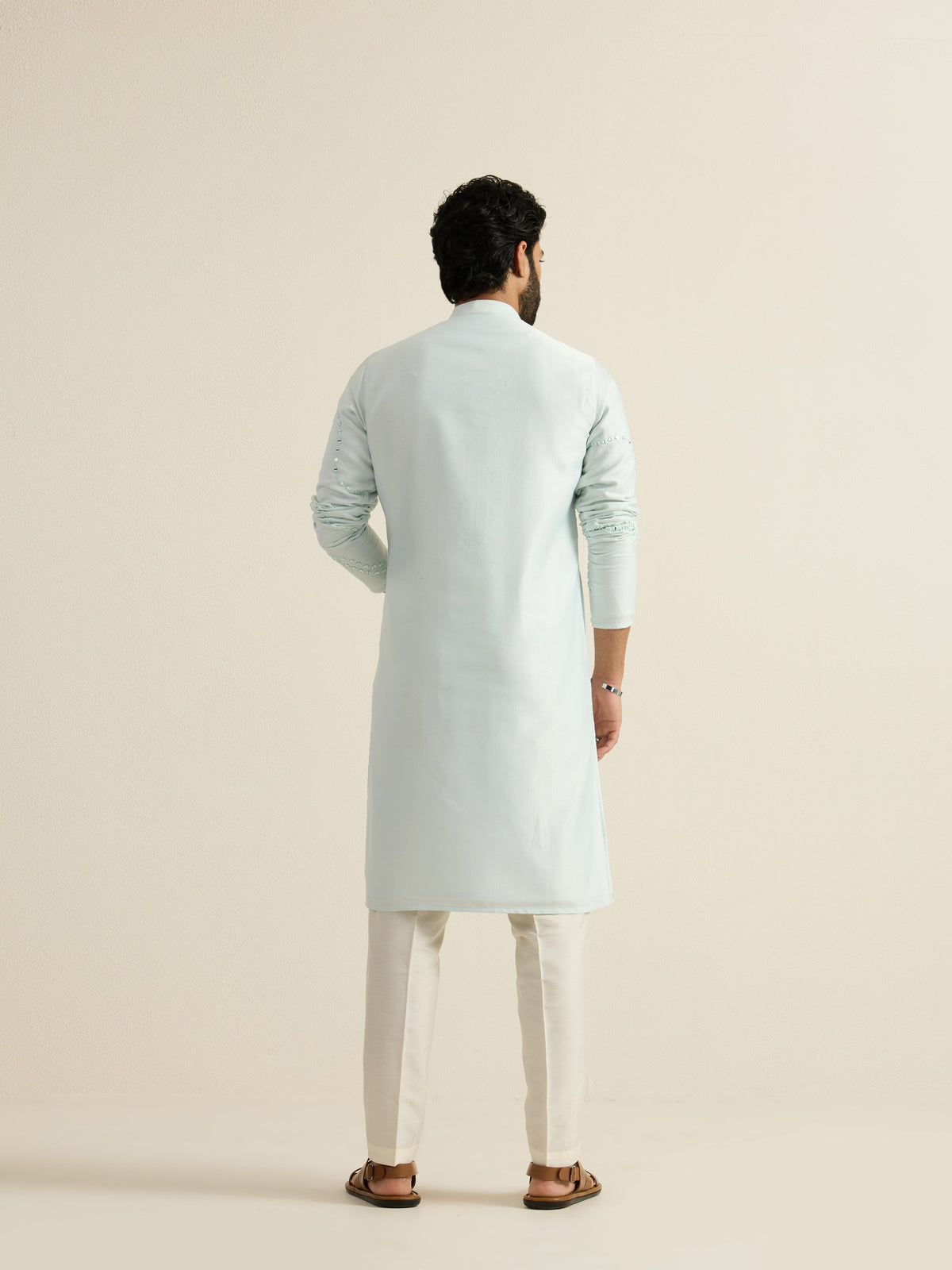 Mens Blue Blended Embroidery Kurta with Front Zipper