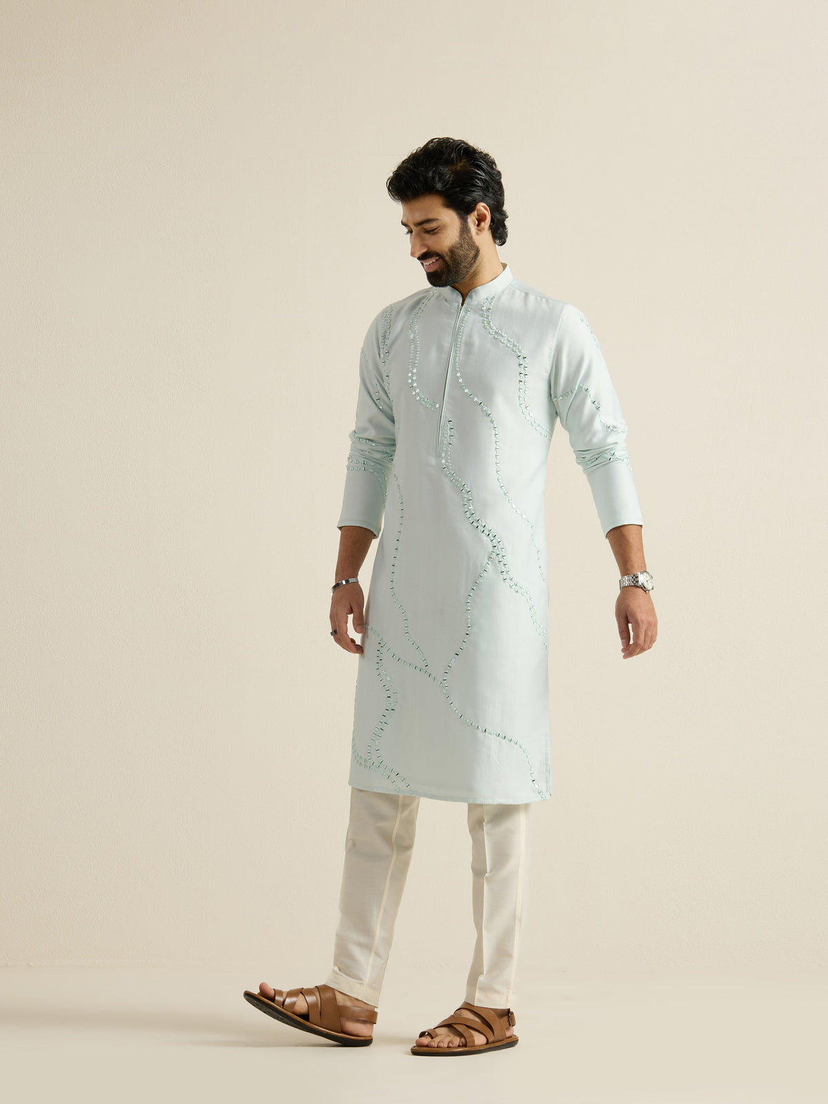 Mens Blue Blended Embroidery Kurta with Front Zipper