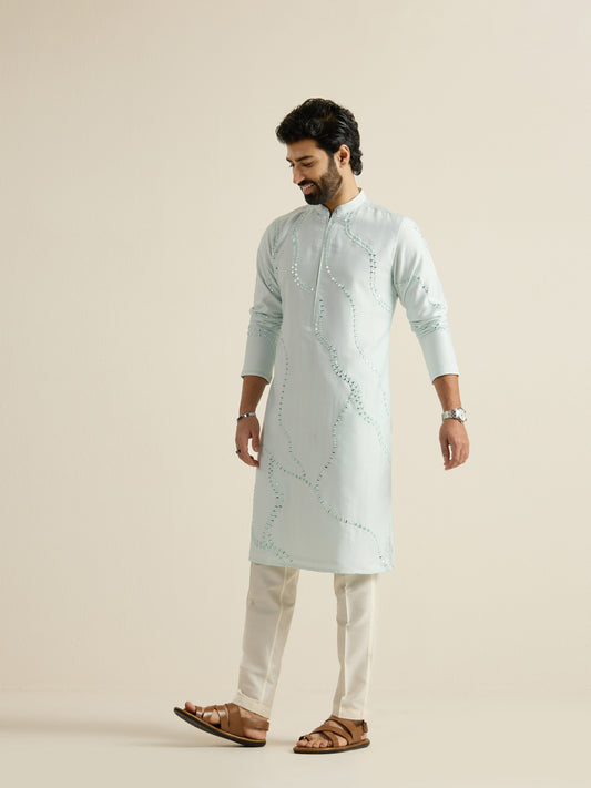 Mens Blue Blended Embroidery Kurta with Front Zipper