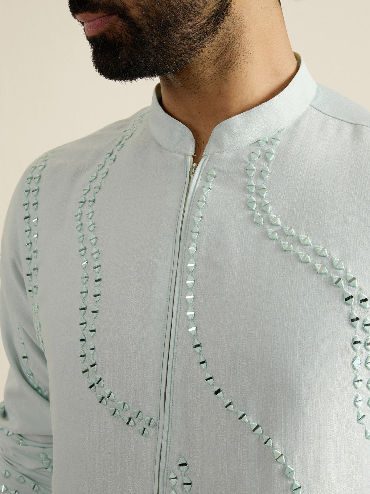 Mens Blue Blended Embroidery Kurta with Front Zipper