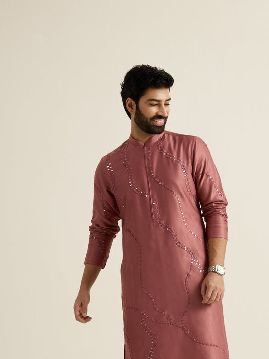 Mens Orange Blended Embroidery Kurta with Front Zipper