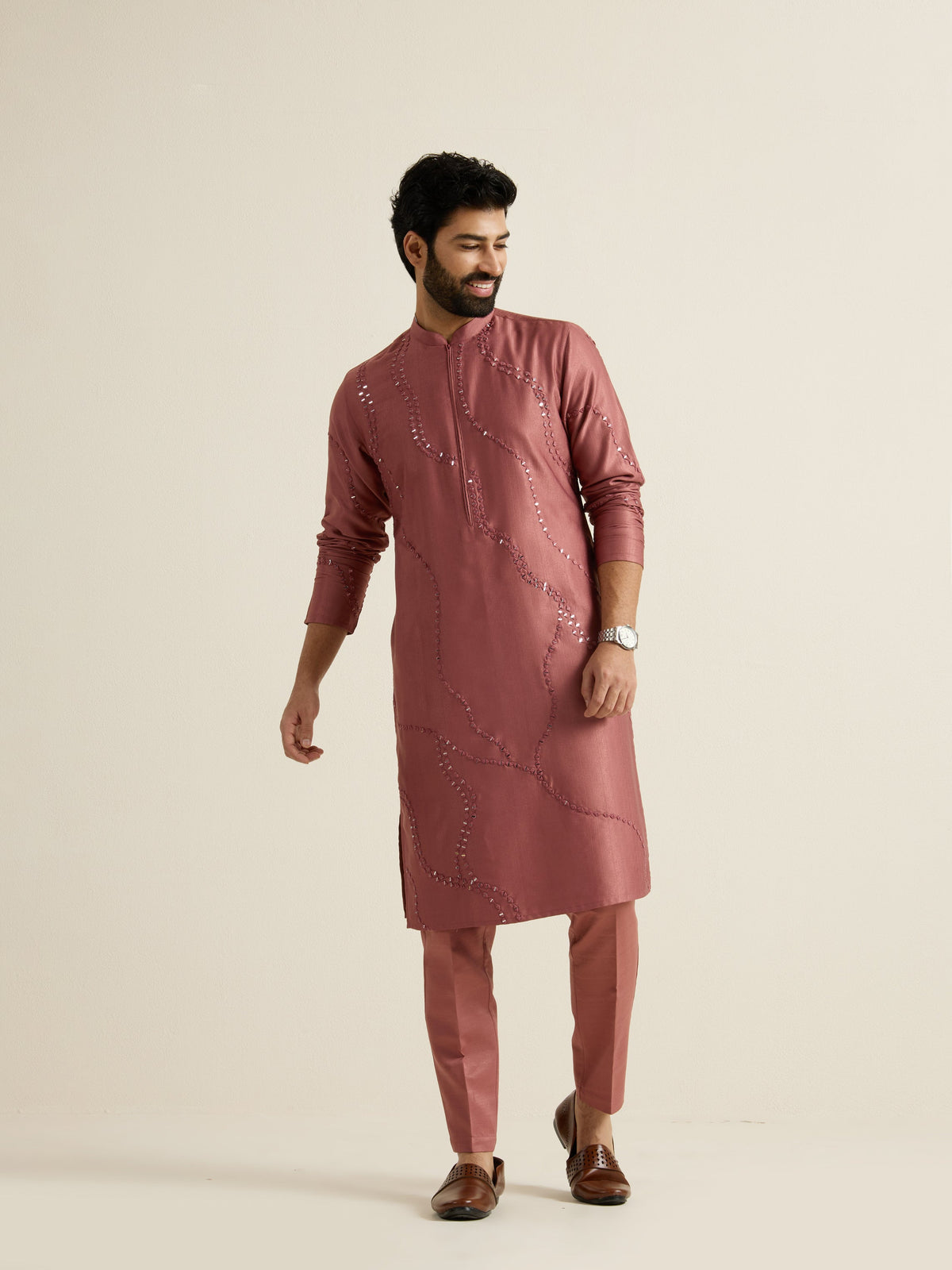 Mens Orange Blended Embroidery Kurta with Front Zipper