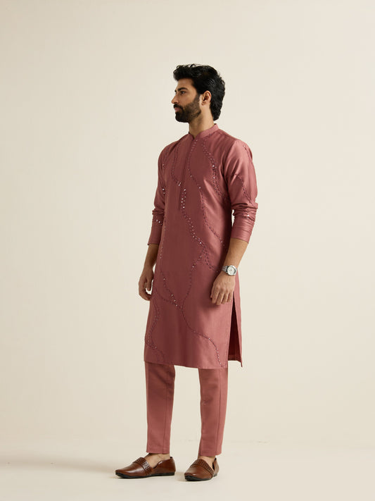 Mens Orange Blended Embroidery Kurta with Front Zipper
